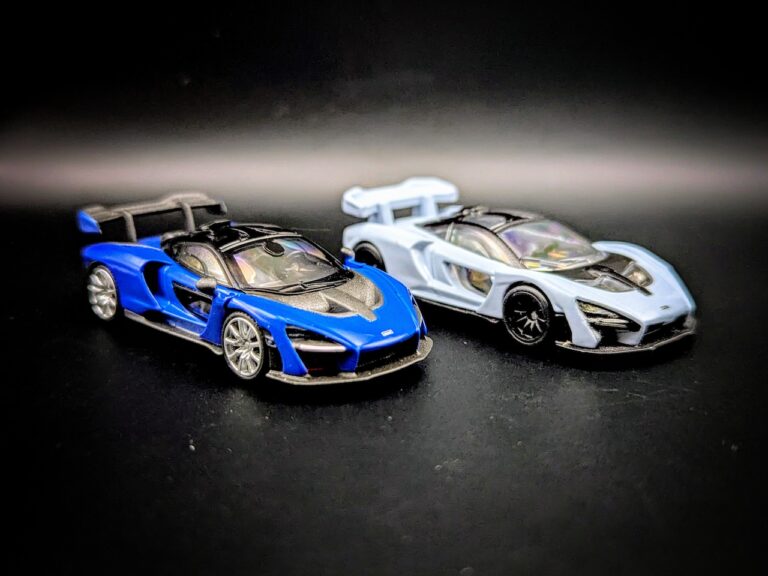McLaren Sennas by MINI GT and Hot Wheels - Passenger's side, front 3/4